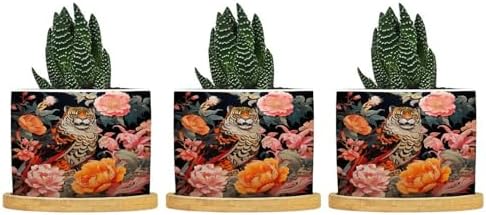 Animal Tiger Stripe Chinoiserie Planters Ceramic Orange and Coral Peony Flower Round Flower Pot with Drainage Holes and Bamboo Tray Pot for Home Office Decoration by BRUYU5SE