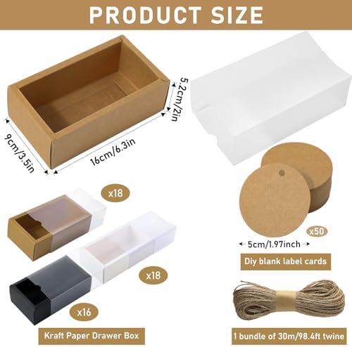 Roowest 50 Sets Gift Boxes Kraft with Tags, 6.3 x 3.5 x 2 Inch, 3 Colors - Image 2