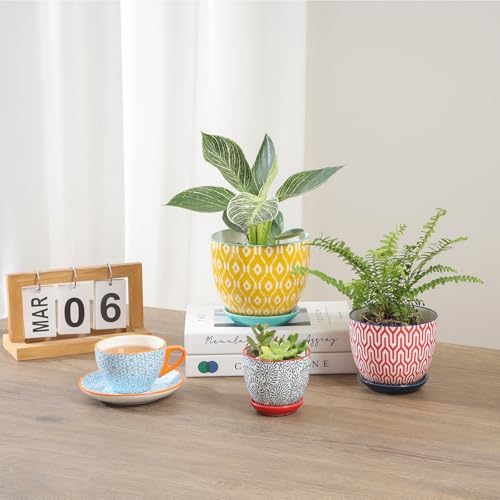 Selamica Ceramic Plant Pots, Indoor Flower Pots for Indoor Plants, 3.5+4.6+5.5 Planters with Drainage Hole & Saucer, Set of 3, Home Decor, Assorted Colors - Image 5