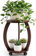2 Tier Wooden Plant Stand Indoor with Wheels – Tall Plant Stand for 6-12 Inch Pots, Mid-Century Modern Rustic Plant Table Indoor, Pedestal Stand for Corner, Living Room, Balcony, Dark Brown by Unknown