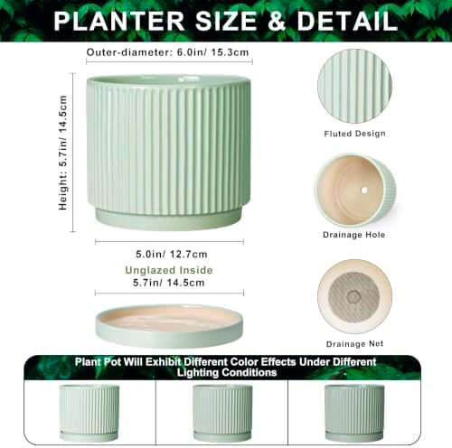 Ceramic Flower Pots, 6 Inch Plant Pot, Round Planter, Mint Green - Image 2