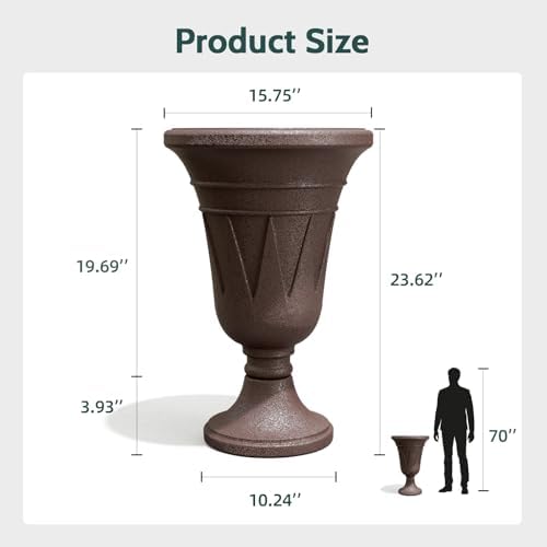 Tall Plastic Urn Planters and Pedestal - 24" Outdoor Planter Brown - Image 2