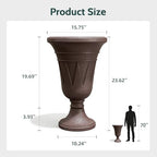 Tall Plastic Urn Planters and Pedestal - 24" Outdoor Planter Brown - Image 2