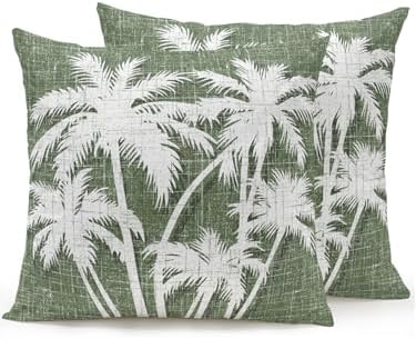 Outdoor Pillows Waterproof Set of 2, Tropical Palm Tree Patio Throw Pillows for Couch Bed Sofa with Insert, Vintage Moss Green Exotic Botanical Plants Decorative Reading/Camping Pillow Set 16x16 Inch by Unknown
