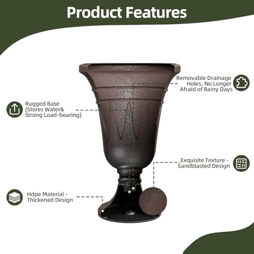 Tall Plastic Urn Planters for Outdoor Plants Set of 2-23.6" H Classic Trophy Design Indoor Large Flower Pots with Drainage Holes, Outdoor Planters for Porch Decor/Garden Vase, Brown - Image 5