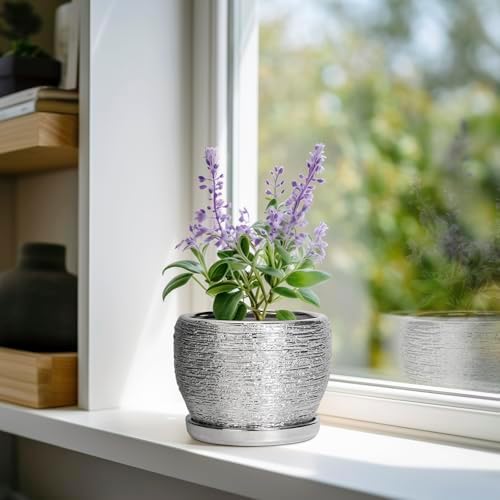 SQOWL Ceramic Plant Pots - 6 Inch Planter for Indoor Outdoor Plants, Modern Round Flower Pots with Drainage Hole and Saucer, Decorative Small Planter, Office Decor, Gifts for Women Men, Silver - Image 2