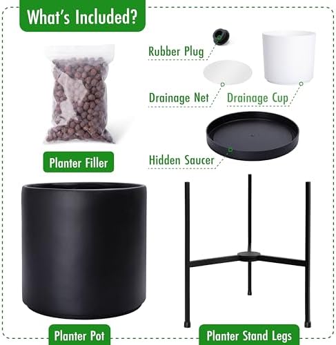 D'vine Dev Cylinder Planter Pot with Metal Stand, Black, 14 in, 96-T-B-4 - Image 6
