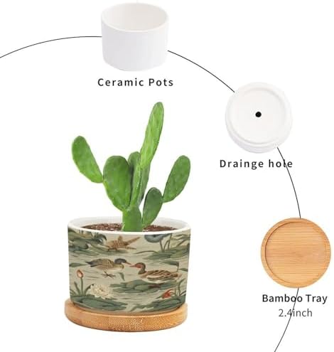 Garden Planters Ceramic Round Flower Pot with Drainage Holes and Bamboo Tray Pot for Succulents Cactus Garden Windowsill - Image 3