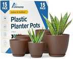 Brown Plant Pots with Drainage Holes & Saucers 15 Pack, Indoor & Outdoor Stackable Space-Saving Planters for Houseplants & Flowers, (7", 6.7", 6", 5.3", and 4.8" Inches), Durable & Weatherproof by LIFEMASTER