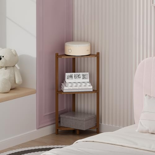 Wisuce Bamboo Small Corner Shelf Stand, 3-Tier Brown Corner Bookshelf - Image 2