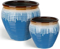 WORTH Clay-Pot-Style Plastic Planters Set of 2 (Large: 17"Dia x 16"H & Small: 13"Dia x 13"H), Blue-Glazed Plant Pot, Round Lightweight Flower Pots with Drainage Hole & Plug for Indoor & Outdoor Use by WORTH