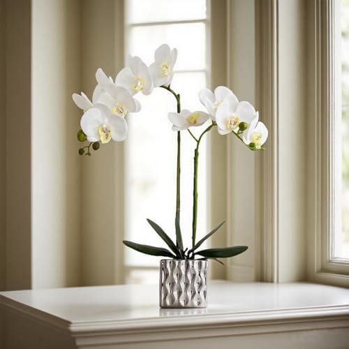 LISU Artificial Orchids, Silver Vases, Home Decoration Flower Arrangements, Fake Flowers in Vases. (C:White) - Image 5