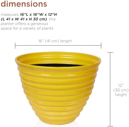 Alpine Corporation 16" Diameter Indoor/Outdoor Ribbed Plastic Planters with Plug-in Drainage Hole, Aesthetic Lawn and Garden Decor, Yellow - Image 3