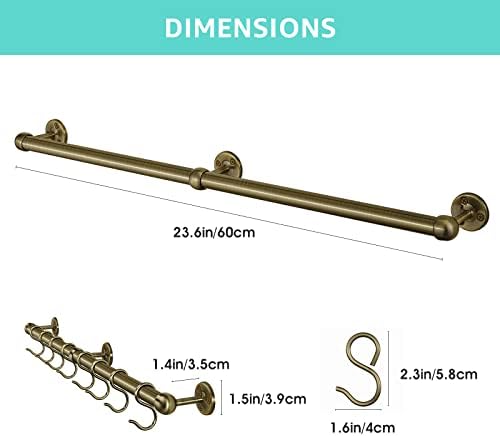 ROTHLEY Stainless Steel Hanging Pot Rack Hanger: 23.7 Inch Pot and Pan Hanger Wall Mounted Hanging Pot Bar Rack Heavy Duty Pot Hangers Kitchen Rail with 8 S Hooks (Antique Brass) - Image 2
