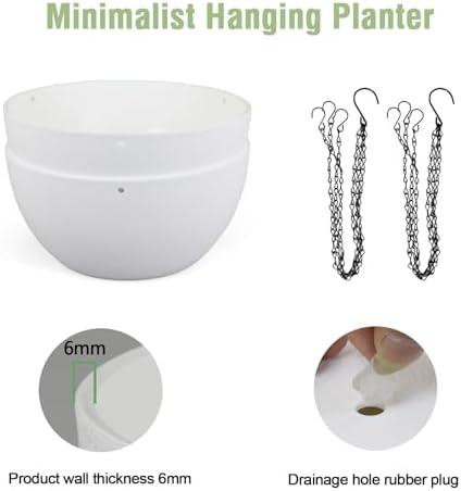 Meowell 12 inch Large Hanging Planters for Indoor Outdoor Plants, 2 Pack Hanging Flower Pots with Drainage Holes and Chain for Garden Porch, Plastic Hanging Baskets for House Plants, White - Image 4