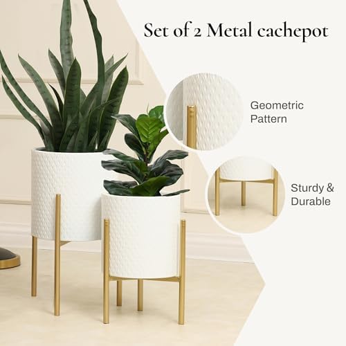 LuxenHome Indoor Planters, Set of 2 White Planter with Gold Metal Stand - Image 3