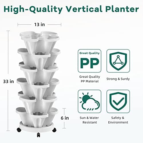 6 Tiered Strawberry Vertical Planters 2 Pack, Stacking Tower Garden with Support Pole, Stackable Herb Vegetable Planter Indoor Outdoor White - Image 2