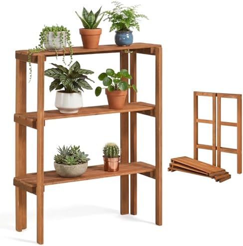 Giantex Foldable Plant Shelf, 3-Tier Solid Wood Indoor Outdoor Flower Pot Display Rack, Corner Storage Bookshelf, Freestanding Tiered Plant Stand for Garden Patio Balcony, No Assembly by Giantex