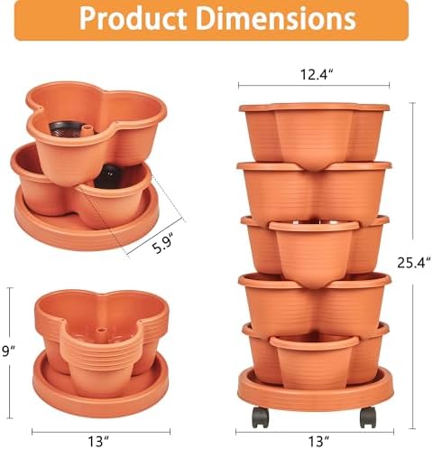 VECELO 5 Tier Vertical Garden Planter, Self Watering Stackable Planters with Wheels for Strawberries, Herbs, Flowers, Vegetables, Red - Image 2