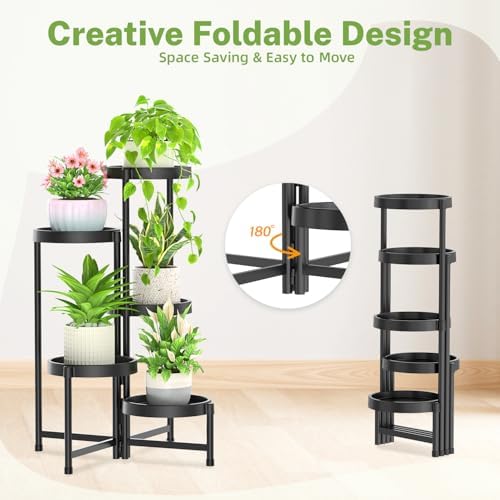 iDavosic.ly 5 Tier Folding Plant Stand Indoor Outdoor, Plastic Tray, Black - Image 3