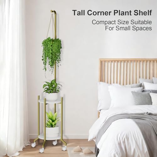 VyGrow Plant Stand Indoor, 2 Tier Hanging Tall Plant Shelf with Wheels, 3 Potted Corner Flower Stand Metal Plant Holder, Plant Shelves for Living Room, Bedroom, Patio, Outdoor, Gold - Image 3