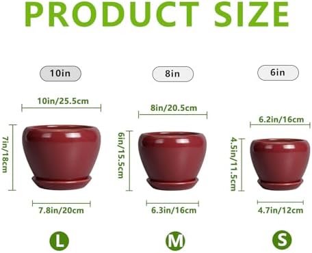 Ceramic Pots for Plants - 10 Inch 8 Inch 6 Inch Plant Pots with Drainage Holes and Saucers Large Planters for Indoor Plants Decorative Outdoor Flower Pots Set of 3 Red - Image 3