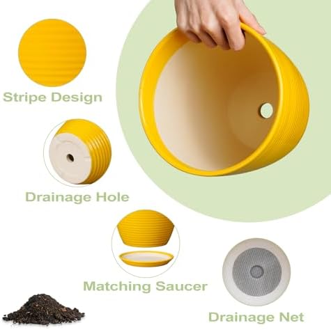 12 Inch Pots for Plants - Ceramic Planter for Indoor Plants Large Plant Pot with Drainage Hole and Saucer Round Outdoor Flower Pot for Garden Home Patio Office Yellow - Image 6