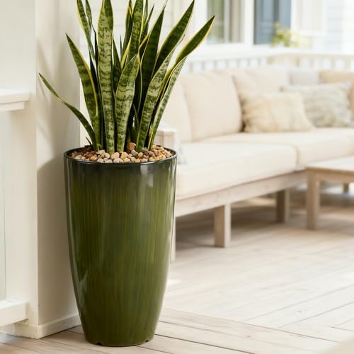 Worth Garden 23.5" H. Large Plastic Planters - Set of 2 Gradient Green Glossy Smooth Finish - Tall Plant Pots for Indoor & Outdoor Use - Decorative Lightweight Flower Pots for Front Porch, Patio, Deck - Image 5