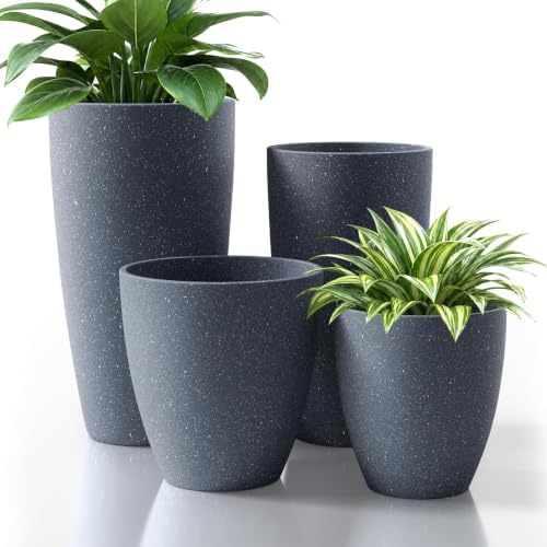 ZMTECH 4 Pack Plastic Planters 21/18/12/10in, Indoor Outdoor Round Planter for Porch, Large Plant Pot with Drainage Hole for Home Garden Front Door, Modern Decorative Pots for Plants (Dark Gray) by HighQualityGardeningTools