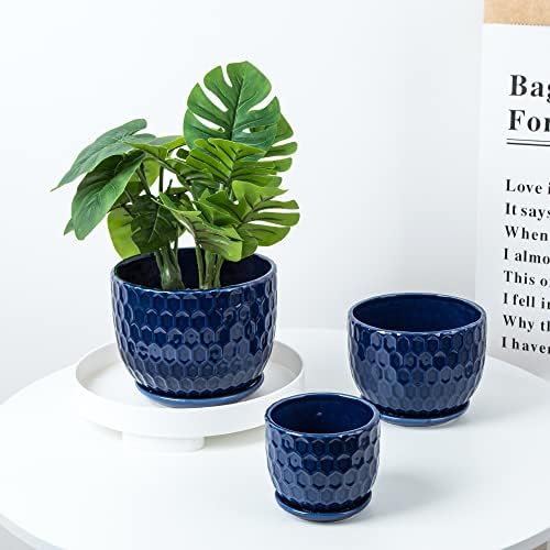 Ceramic Flower Pots with Drainage Hole and Saucer, North European Style Round Indoor Succulent Planters with Honeycomb Inspired Texture Design, Small to Medium-Sized, Set of 3, Navy Blue - Image 3