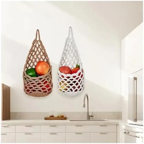 Macrame Plant Hanger 4pcs Portable Fruit Net Bag Eco-Friendly Pantry Organizer Storage Kitchen Home Hanging Basket Use(Coffee) - Image 4