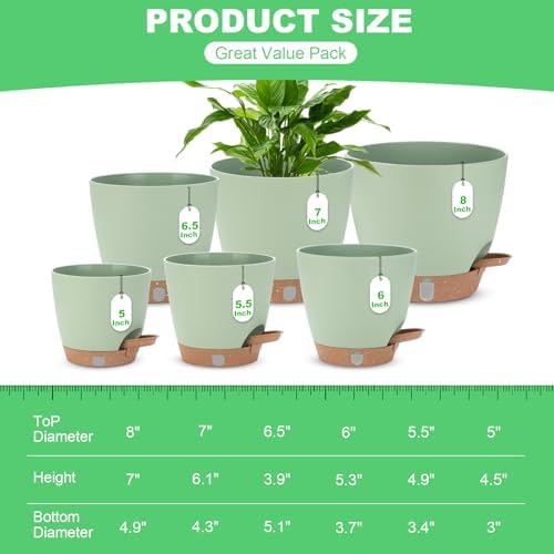 Self Watering Planter Set with Visual Water Level, 6Pack Small Plastic Pot with Drainage Holes and Reservoir Saucers, Modern 8+7+6.5+6+5.5+5 Inch Bottom Watering Flower Pots for Indoor Plant - Green - Image 2