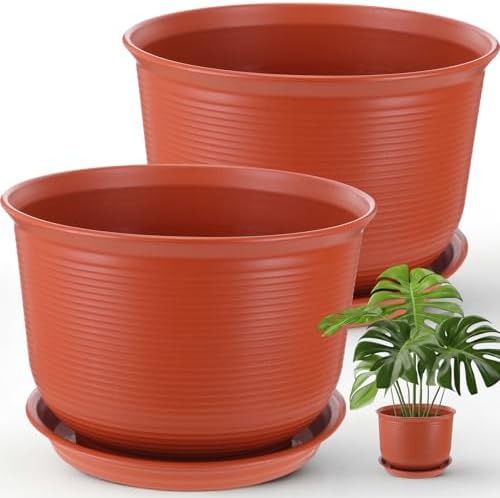 2 Pack 14 Inch Plastic Large Terracotta Plant Pot with Drainage Hole and Saucer Large Plant Tree Pots Flower Tree Containers for Indoor Outdoor Gardening Front Porch Patio Yard or Deck by RimCereal