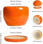 SQOWL Ceramic Planter - 10 Inch Plant Pot with Drainage Hole and Saucer, Round Modern Planter for Indoor Outdoor Plants, Decorative Large Flower Pot, House Decor, Gifts for Women Men, Orange - Image 3