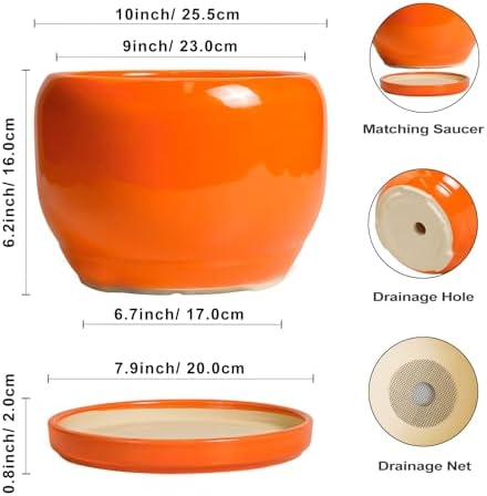 SQOWL Ceramic Planter - 10 Inch Plant Pot with Drainage Hole and Saucer, Round Modern Planter for Indoor Outdoor Plants, Decorative Large Flower Pot, House Decor, Gifts for Women Men, Orange - Image 3
