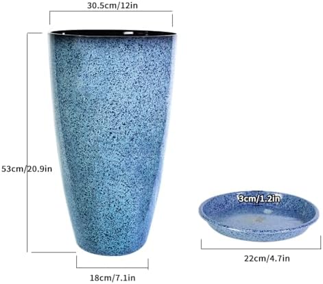 2 Pcs Pack 21 Inches Plastic Resin Tall Tapered Planter Pots Large Round Planter Flower Pot with Drainage Holes for Indoor Outdoor Deck Porch Garden Home Patio Front Door (Blue, L) - Image 6