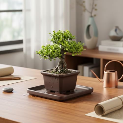 Square Ceramic Bonsai Pot Tray - Brown Glazed Saucer for Water Retention & Desk Protection, Solid Clay Base for Indoor Plant Displays - Image 3