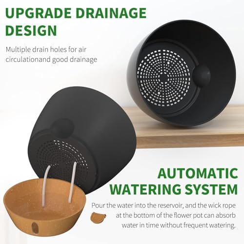 12/10/9/8/6 Inch Self Watering Pots for Indoor Outdoor Plants, Set of 5 Large Plastic Planters with Visual Water Window, Drainage Holes & Watering Lip, Modern Decorative Flower Pots (Black) - Image 4