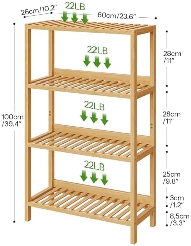 HOOBRO Bamboo Storage Shelf, 4-Tier Freestanding Shelving Unit, Multifunctional Storage Rack with Back Panel, 23.6 x 10.2 x 39.4 inches, for Bathroom, Living Room, Balcony, Kitchen, Natural YL95CJ01 - Image 3