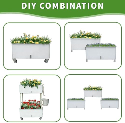 Self-Watering Raised Planter Box with Lockable Wheels,3-Tier Elevated Garden Bed with Visible Water Level Window,Indoor Outdoor Plastic Plant Box for Flowers,Vegetables & Herbs - Image 6