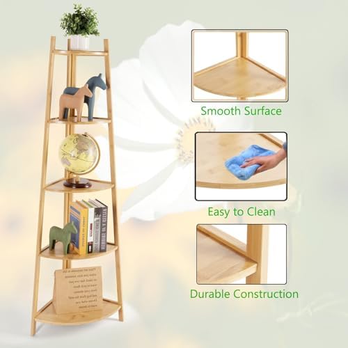 Bamboo Corner Shelf Stand for Display, 59'' Tall Storage Rack, 5-Tier Shelf for Organize - Image 4