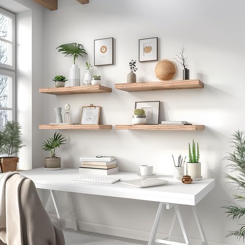 YYWUOJJ Wood Floating Shelves for Wall Decor, Rustic Wall Shelves for Bedroom Bathroom Kitchen Living Room, Set of 4 Light Walnut - Image 4