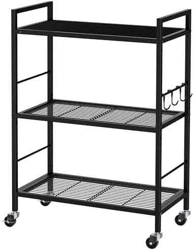 3-Tier Metal Storage Rack with Industrial Wheels,Mesh Shelving Unit with Wooden Table top,Adjustable Shelf,23.6-Inch Width,for Kitchen,Laundry,Pantry,Plant,Black panel and black frame by Unknown