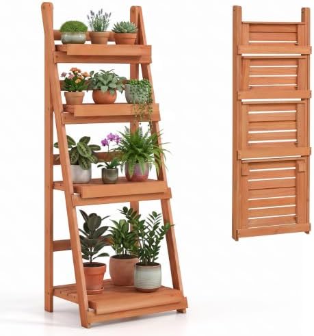 GIANTEX Foldable Wooden Plant Stand, 4-Tier Ladder Plant Shelf, Orange by Giantex