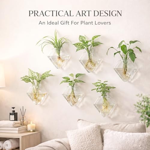 Yungyan 6 Pack Wall Mounted Glass Planter Borosilicate Glass Diamond Hanging Vase with Hidden Invisible Hook Hydroponic Plant Propagation Station Clear Wall Planter for Home Bathroom Office Decor - Image 5