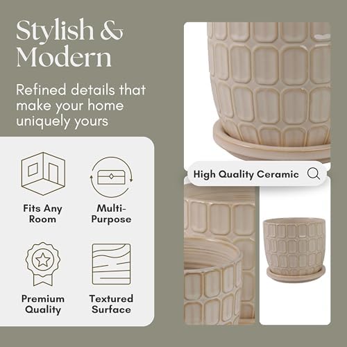 Decorative Flower Planter with Squoval Pattern and Saucer Plate - Home Decor Plant Pots for Indoor and Outdoor Styling - Perfect Plant Pots Accent for Plant Stand Indoor - Set of 2, 7", 6", Ivory - Image 5