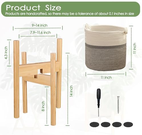 Flower Pot Rattan Plant Stand Planter with Stand, Tall Indoor Boho Woven Wicker Storage Basket with Adjustable Wood Shelf (White & Grey) - Image 5