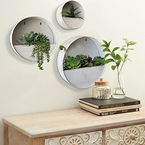 Vandue Modern Home Round Living Wall Mounted Galvanized Steel/Zinc Succulent/Herb Planter - Indoor/Outdoor Living Art Potting Vessel (Aged Zinc, Set of 3) - Image 6