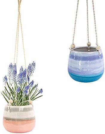 23 Bees Ceramic Hanging Planter, Pink White Succulent Pots, Round Plant Holder Container, Cactus Pot with Cotton Rope Hanger, Indoor Outdoor Decor, (1 Pack x Pink Horizon) by 23Bees