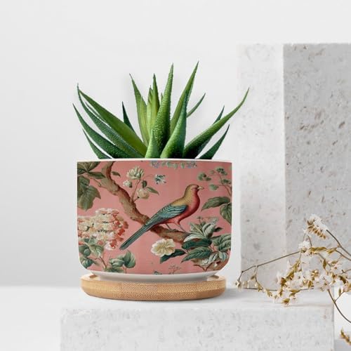 Blush Chinoiserie Bird Planter Ceramic Hydrangea Peacock in Coral Round Flower Pot with Drainage Holes and Bamboo Tray Pot for Outdoor Garden Home Plant - Image 7